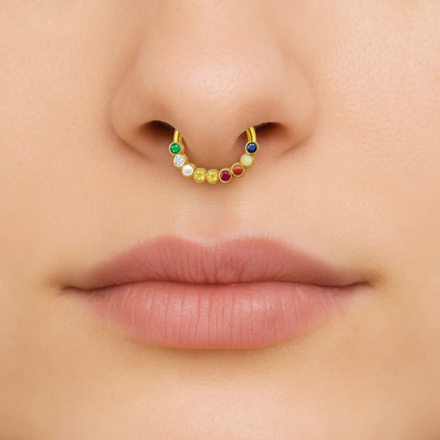 Navratna Nine Gemstone Crescent Septum Nose Pin – Sterling Silver Gold Plated