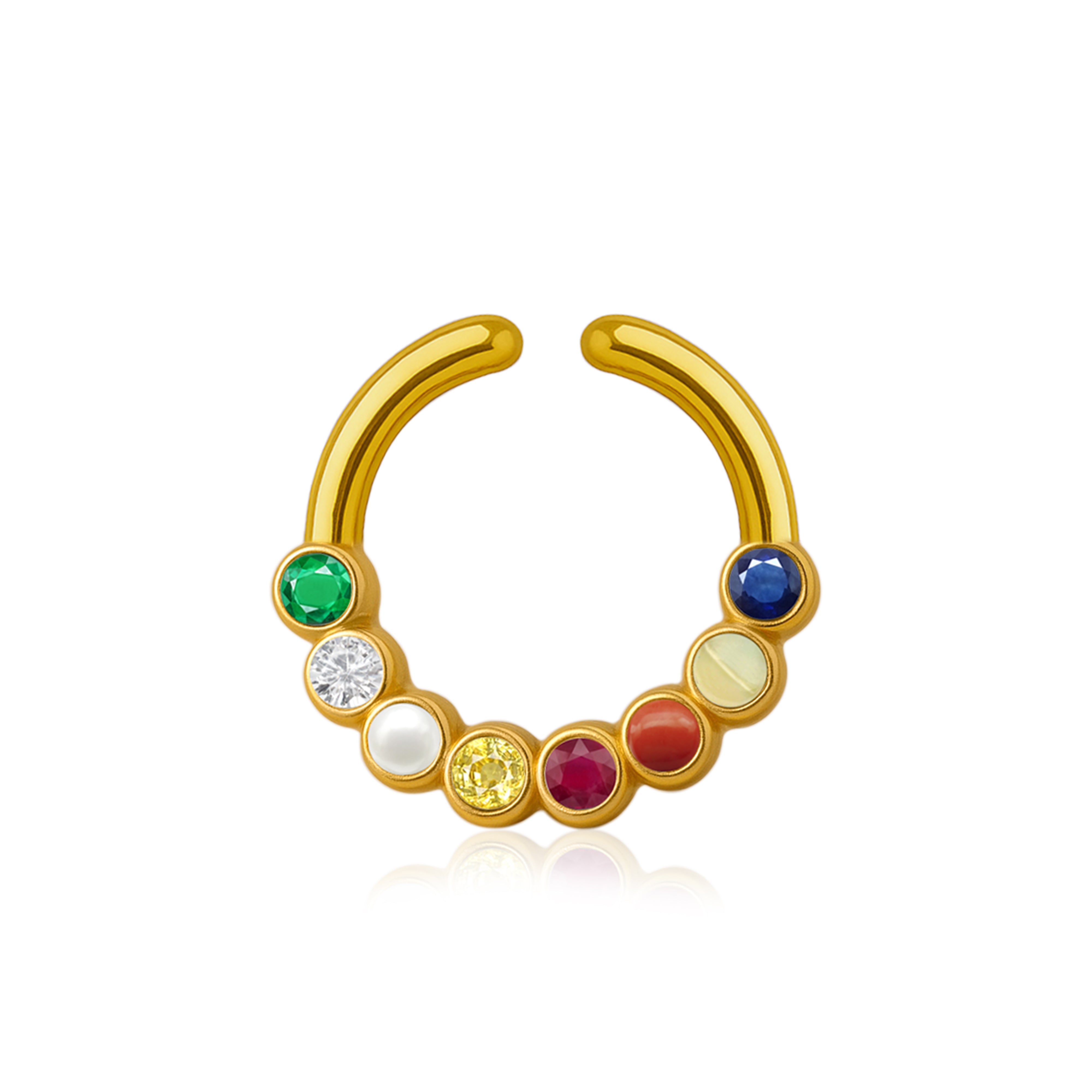 Navratna Nine Gemstone Crescent Septum Nose Pin – Sterling Silver Gold Plated