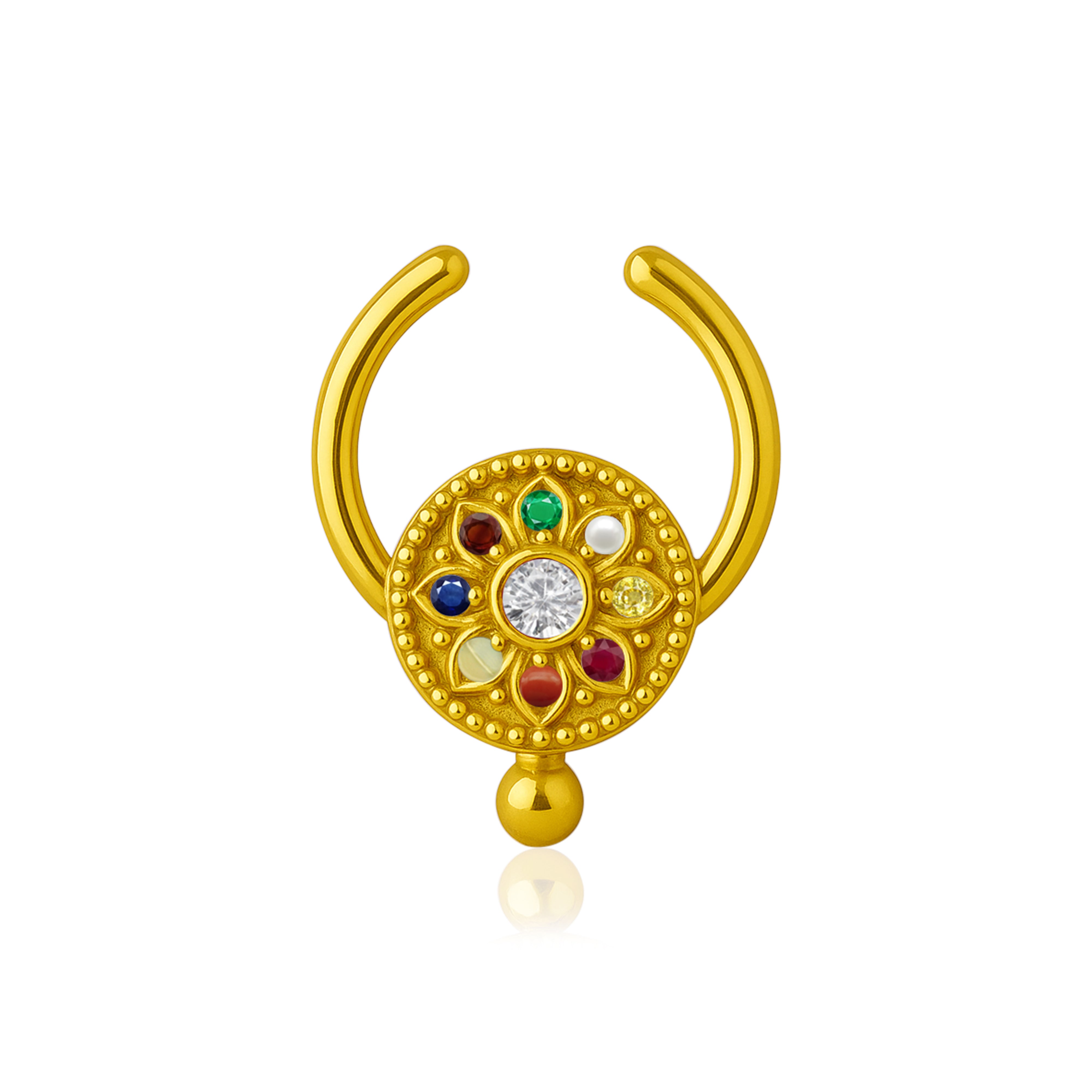 Navratna Floral Mandala Multi Gemstone Septum Nose Pin – Sterling Silver Gold Plated
