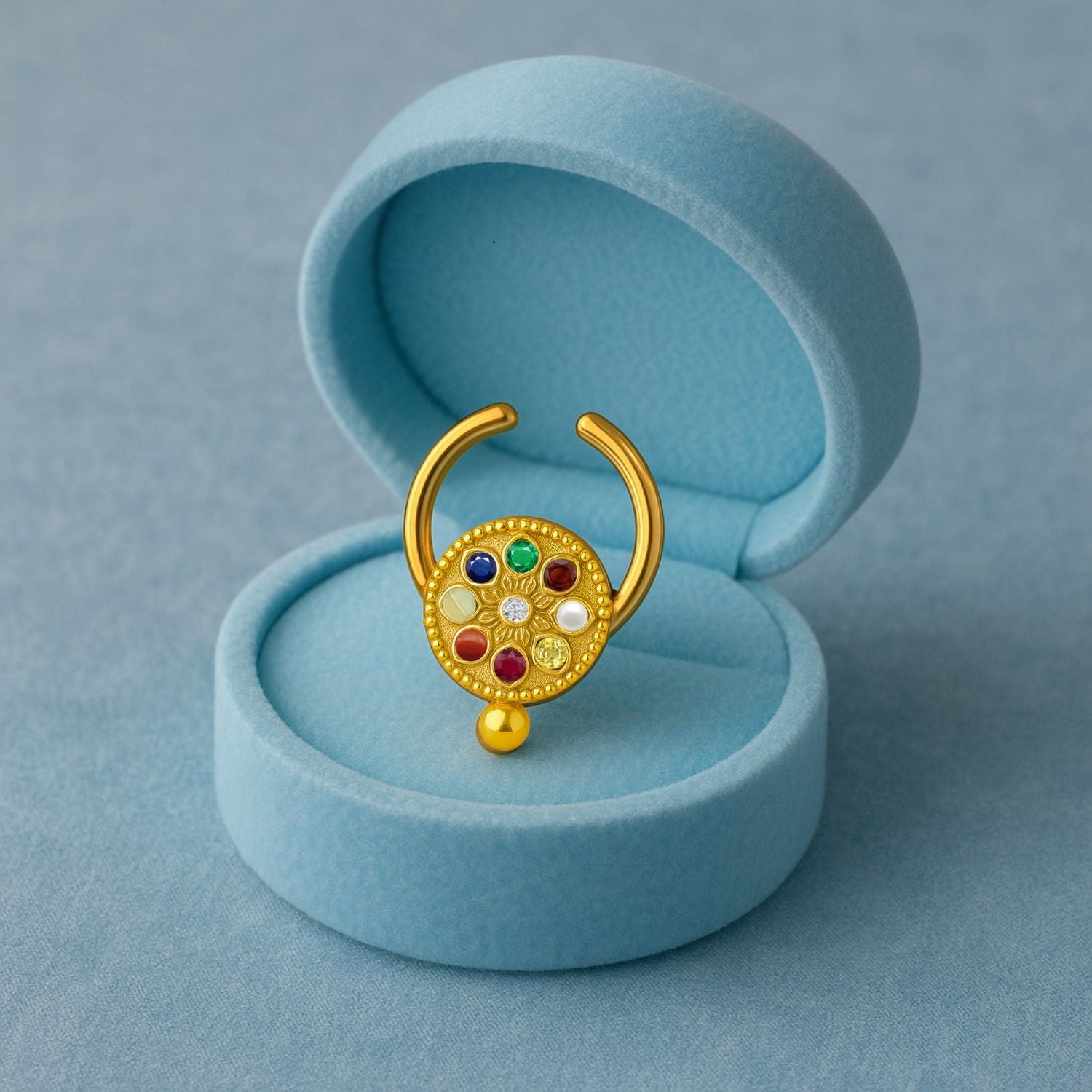 Navratna Classic Mandala Multi Gemstone Septum Nose Pin – Sterling Silver Gold Plated