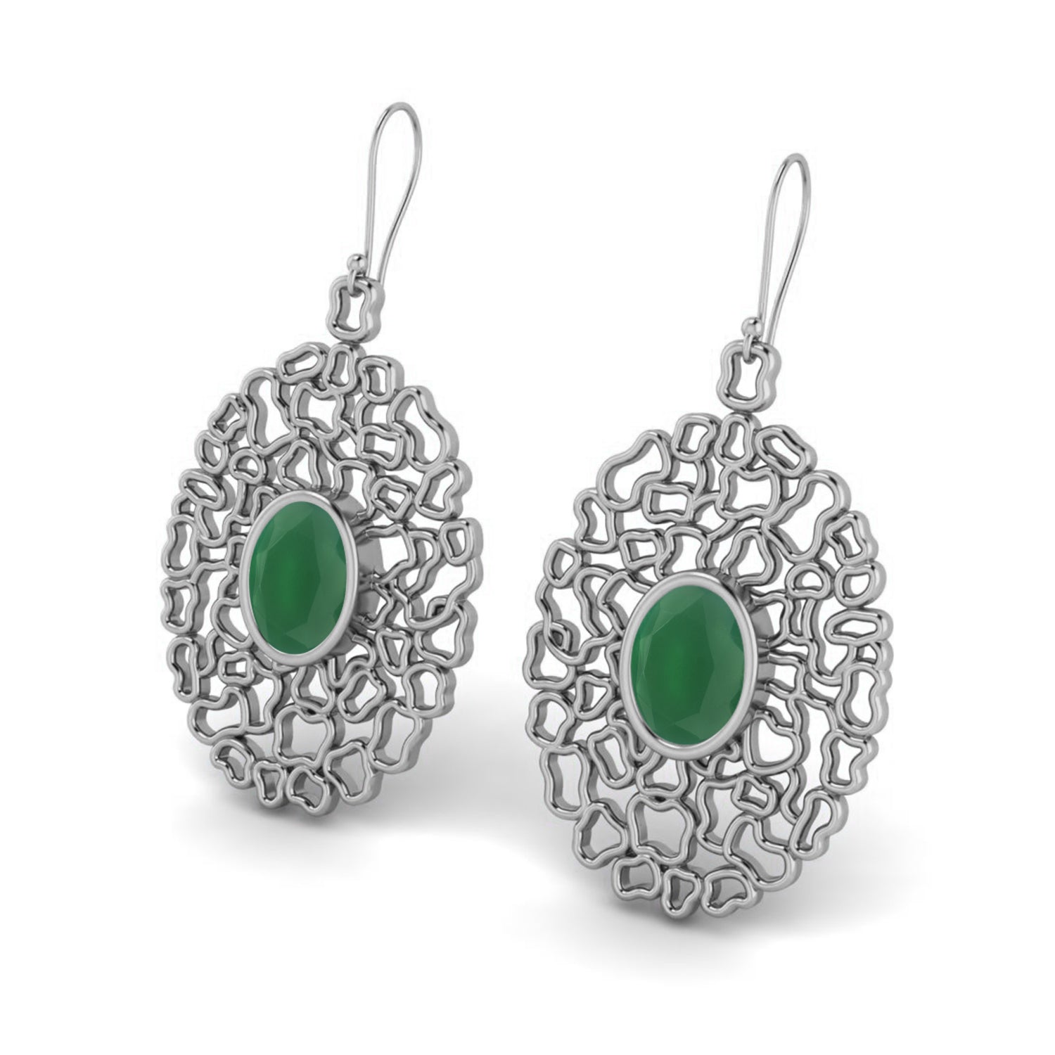 Green Onyx Filigree Drop Earrings - 925 Silver