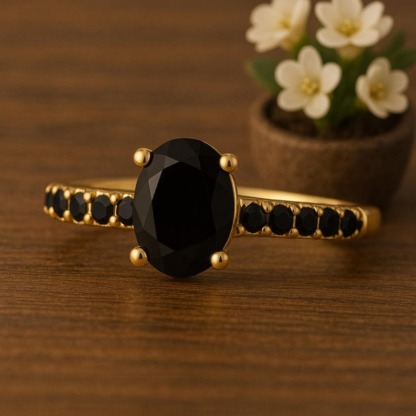 Solitaire Oval Black Spinel 925 Sterling Silver Floating Halo Ring