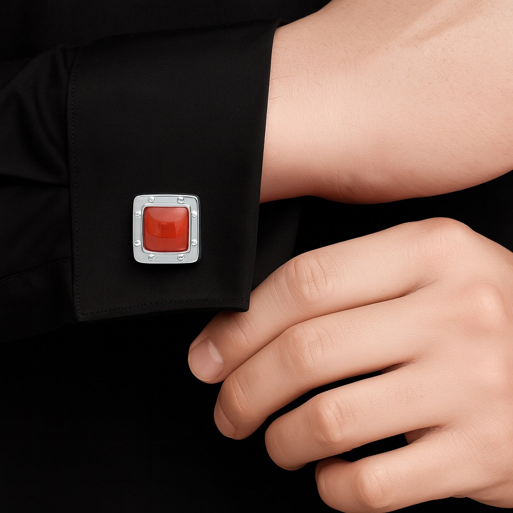 Red Coral Square Cufflinks – Sterling Silver
