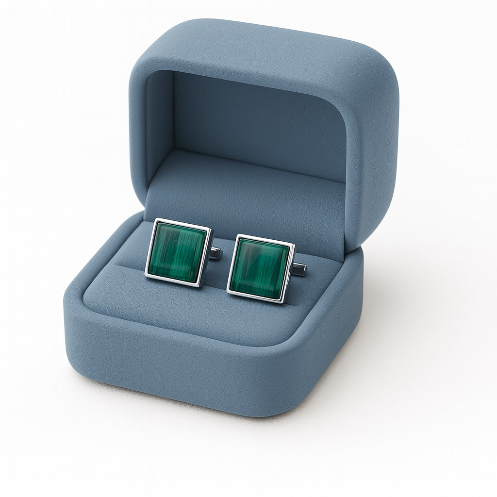 Green Malachite Square Cufflinks – Sterling Silver