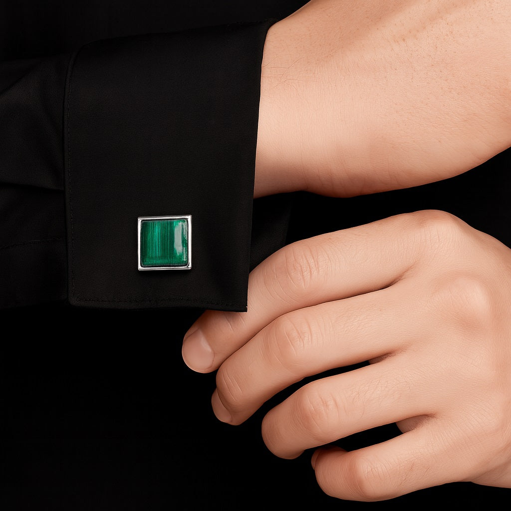 Green Malachite Square Cufflinks – Sterling Silver