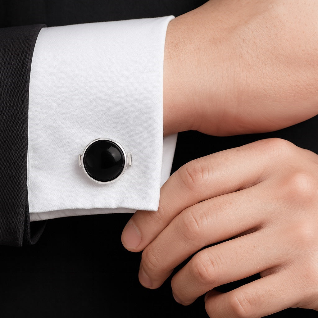 Black Onyx Round Cufflinks – Sterling Silver