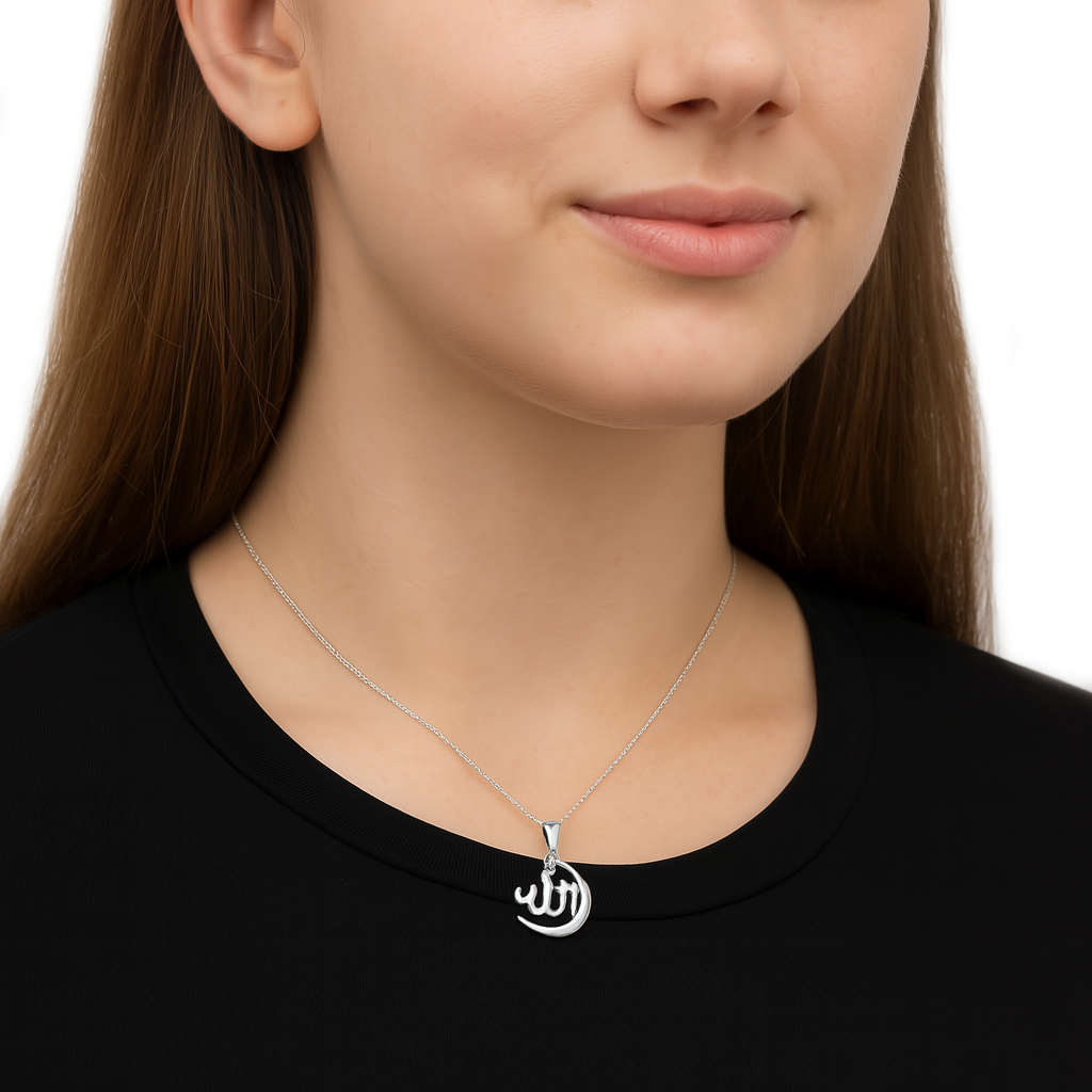 White CZ Allah Crescent Pendant - Sterling Silver