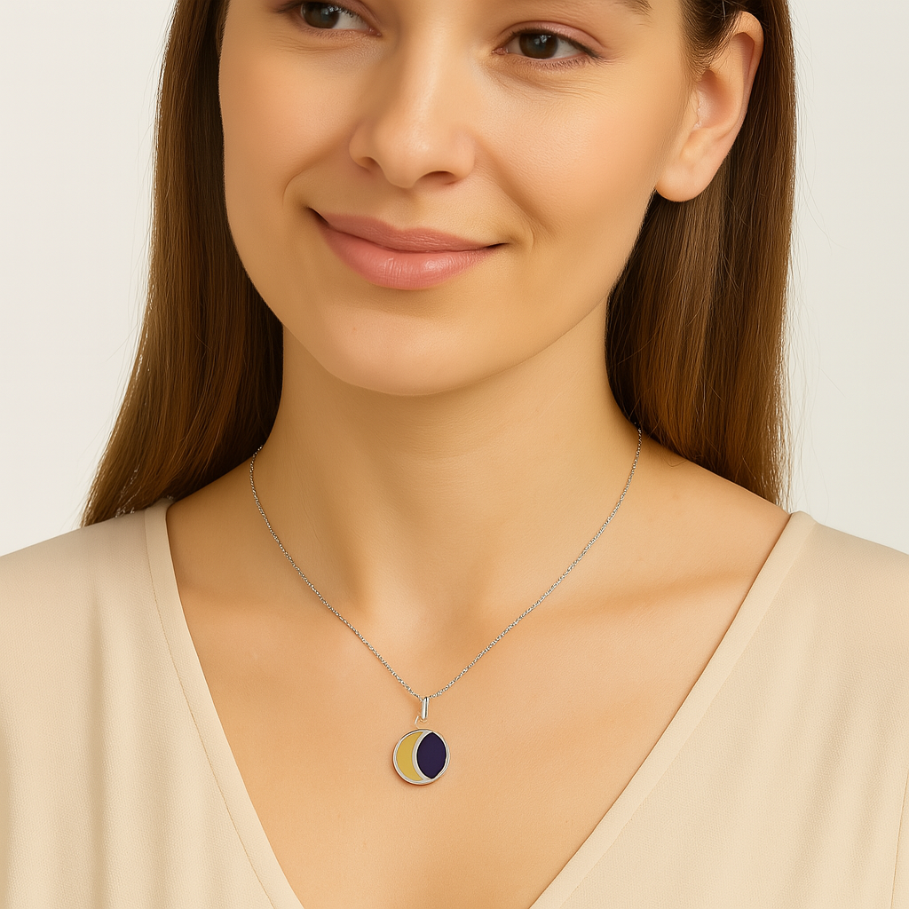 Half Moon Enamel Crescent Design Pendant - Sterling Silver