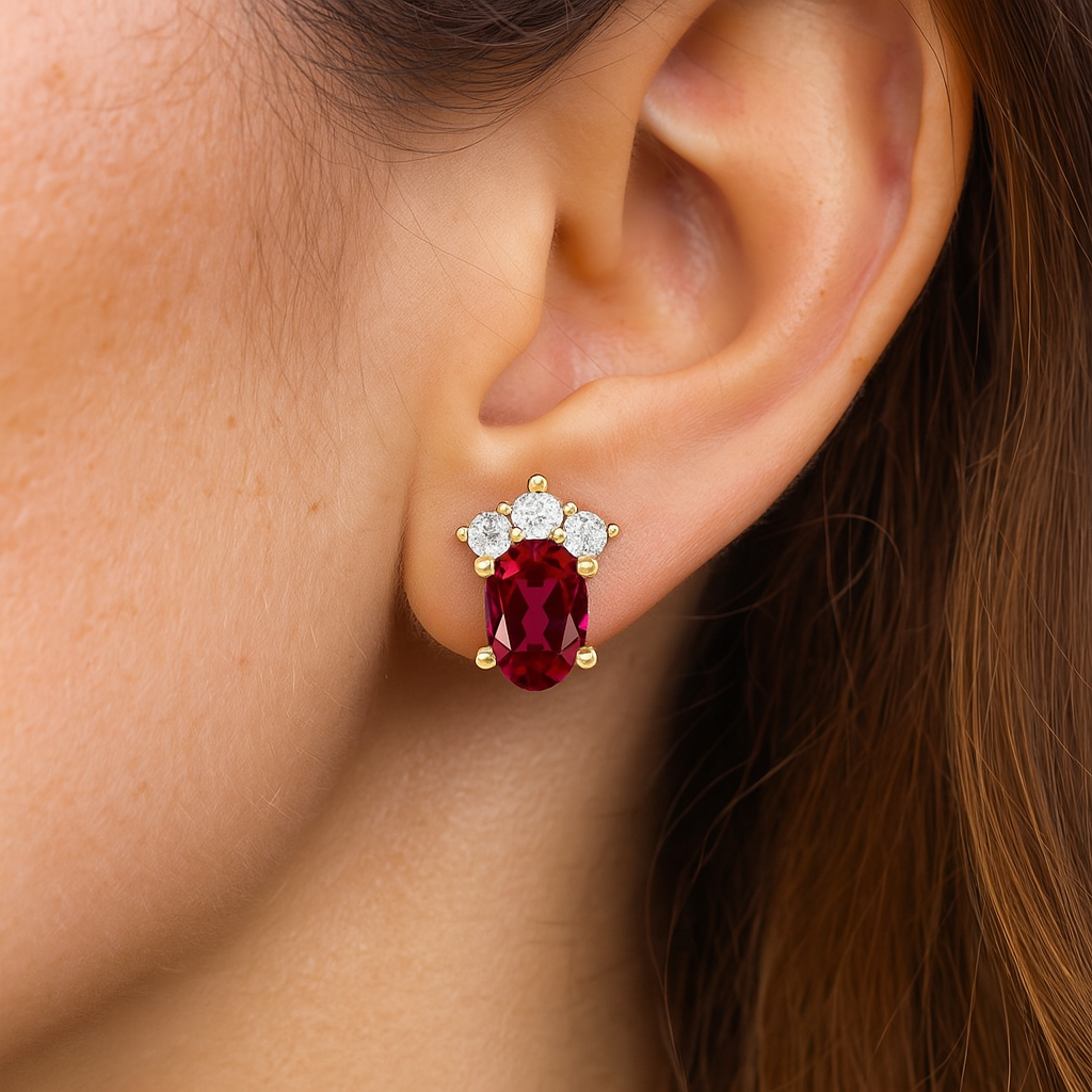 Ruby Oval Cluster Stud Earrings - Sterling Silver