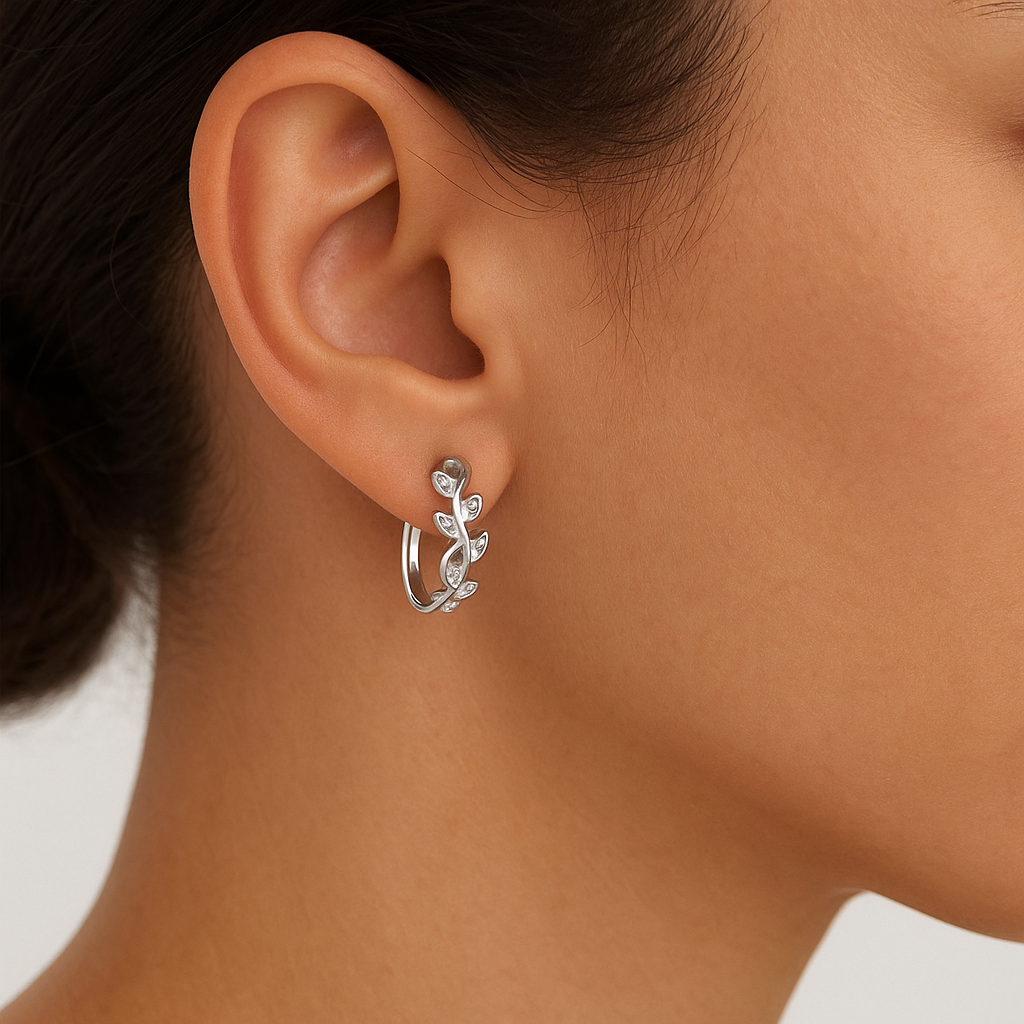 Leaf Vine Moissanite Hoop Earrings –  14k Yellow Gold