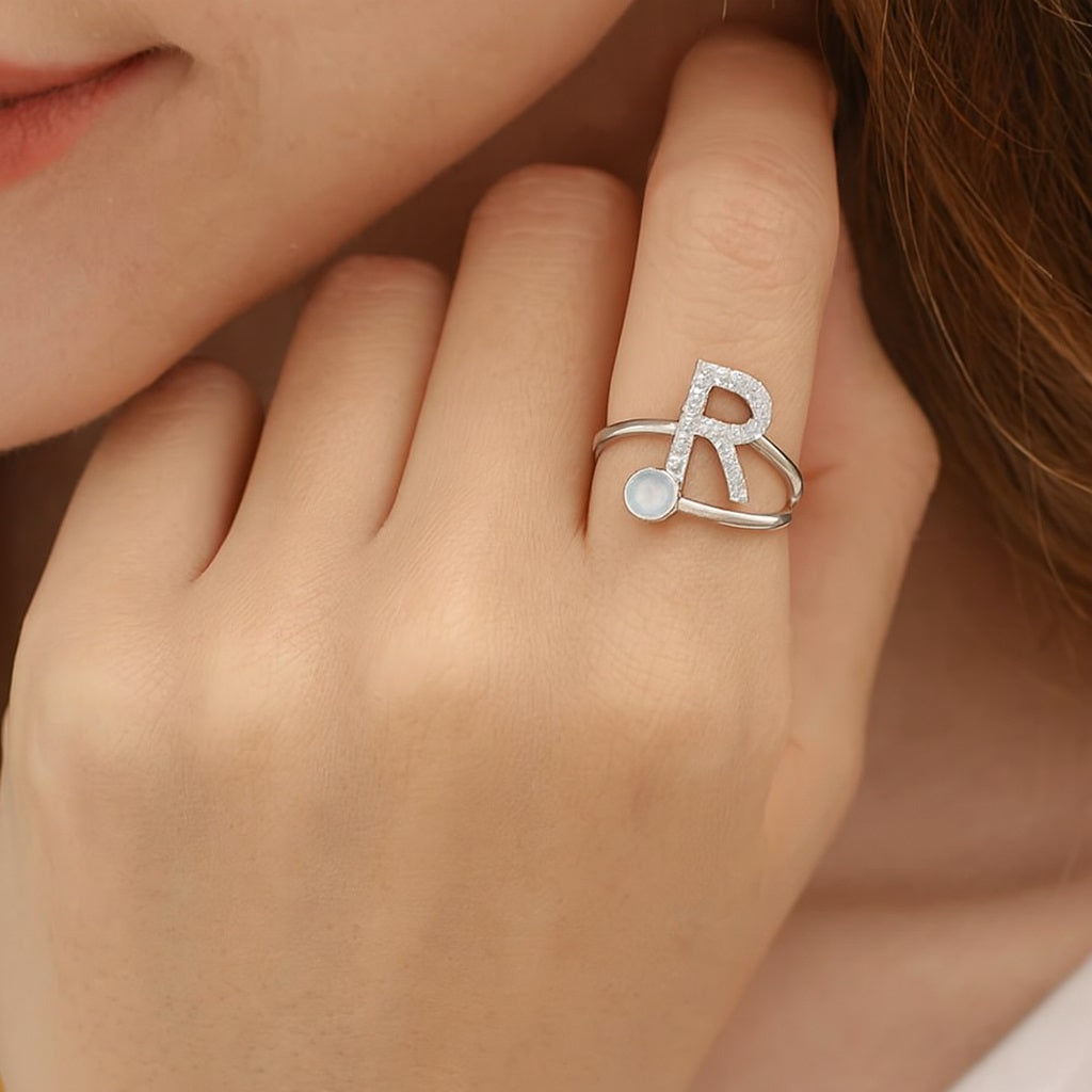 Moonstone Initial "R" Ring - Sterling Silver