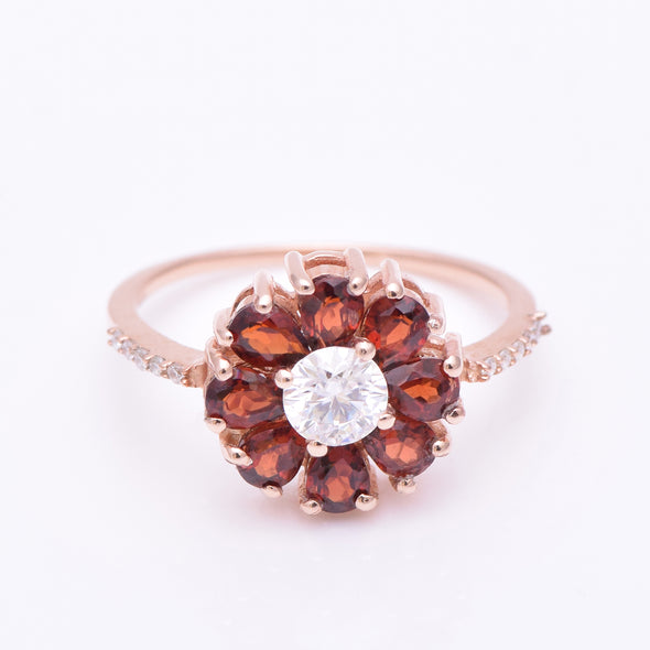 925 Sterling Silver Garnet For The Petals and Moissanite For The Flower Core Rings