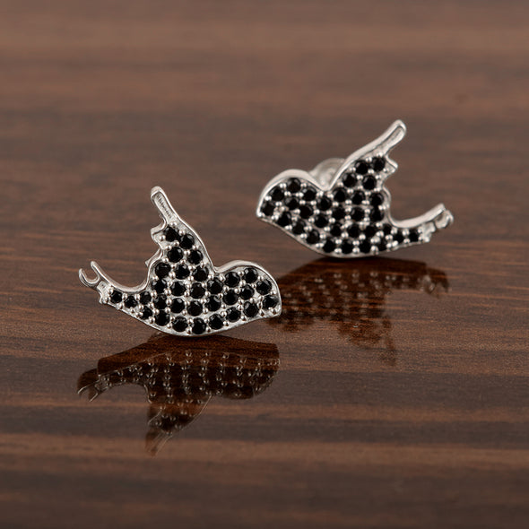 925 Sterling Silver Black Spinel Sparrow Earrings Unique Bird Studs Earrings For Women Flying Animal Bird Earrings