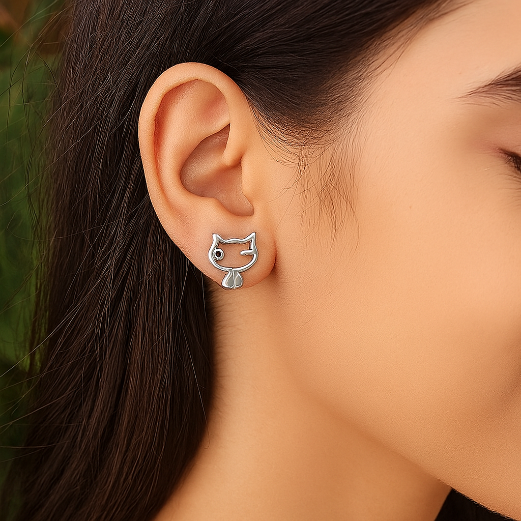 Winking Cat Stud Earrings- Sterling Silver