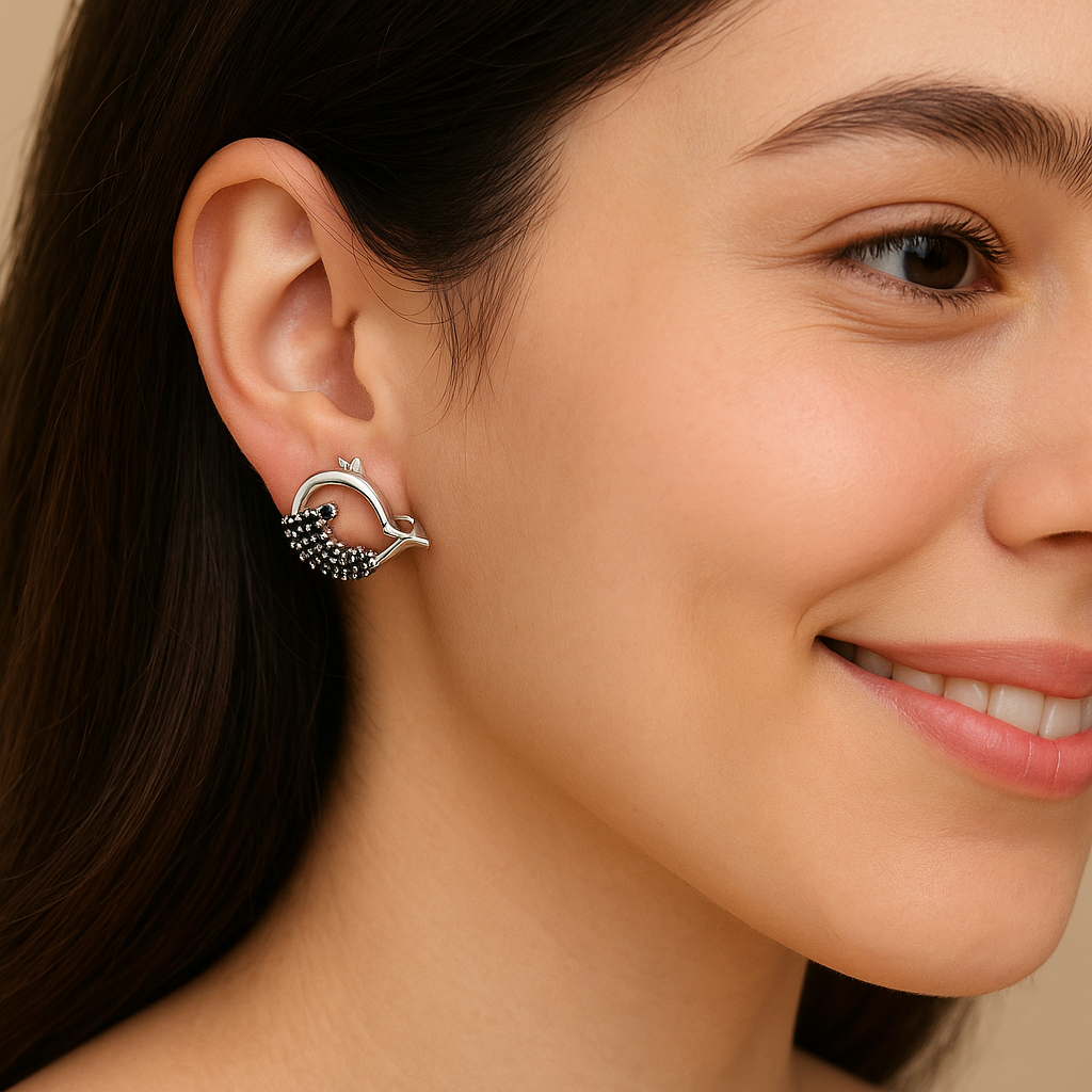 Black Spinel Whale Fish Earrings - Sterling Silver