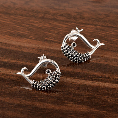 925 Sterling Silver Fish Earrings For Women Animal Studs Earrings Black Spinel Earrings