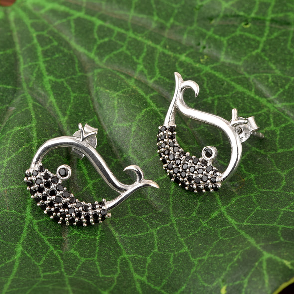 925 Sterling Silver Fish Earrings For Women Animal Studs Earrings Black Spinel Earrings