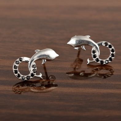 925 Silver Dolphin Black Spinel Stud Earrings Sea Animals Earrings For Women Cute Earrings