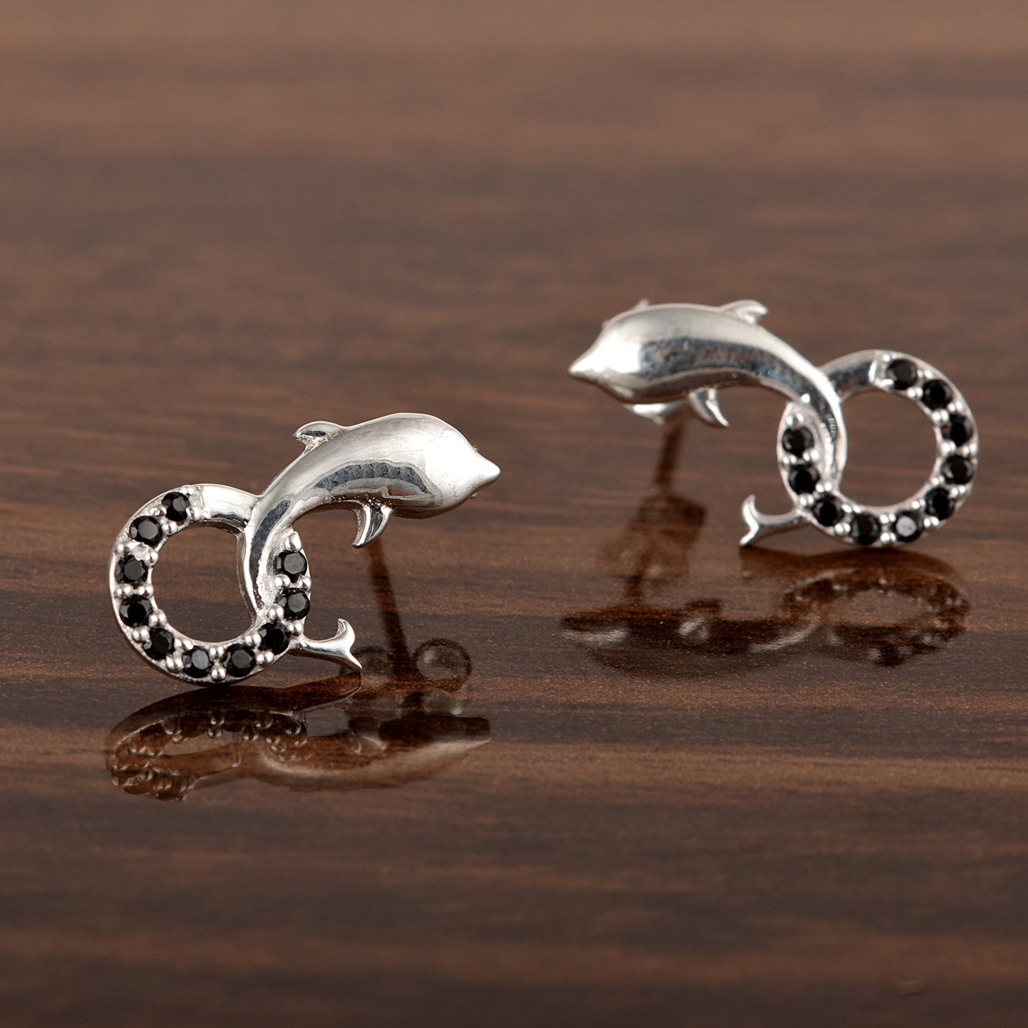 Black Spinel Dolphin Stud Earrings - Sterling Silver
