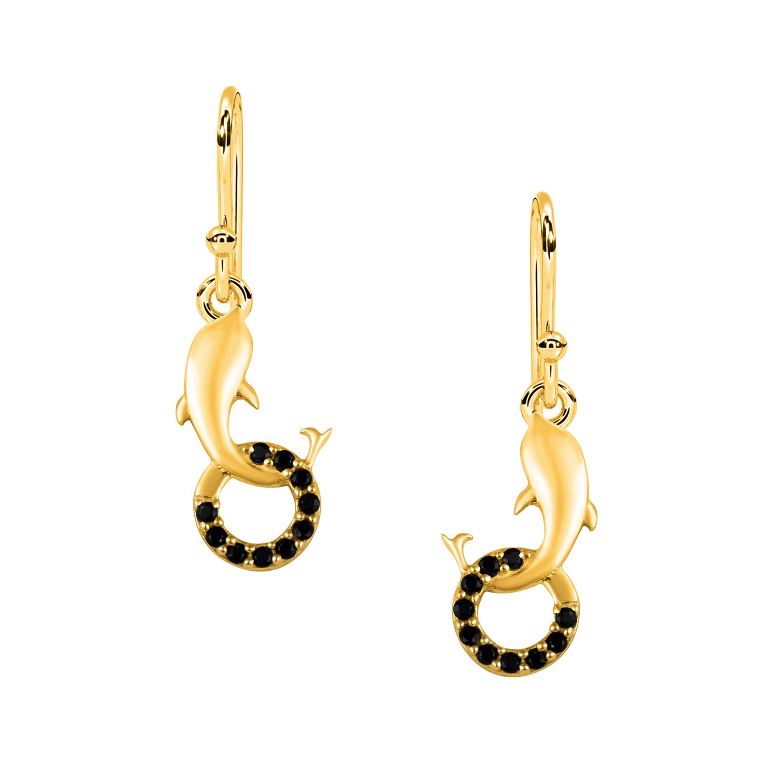 Dolphin & Circle Black Spinel Drop Earrings - Sterling Silver