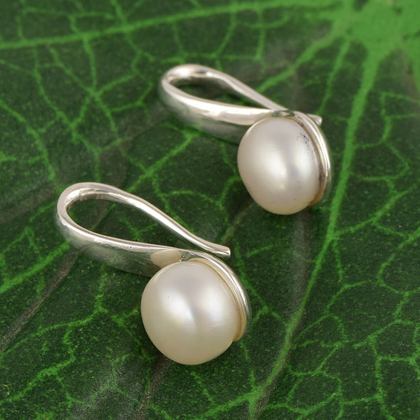Round Pearl Earrings 925 Sterling Silver Hoop Earrings Freshwater Pearl Handmade jewelry For Women