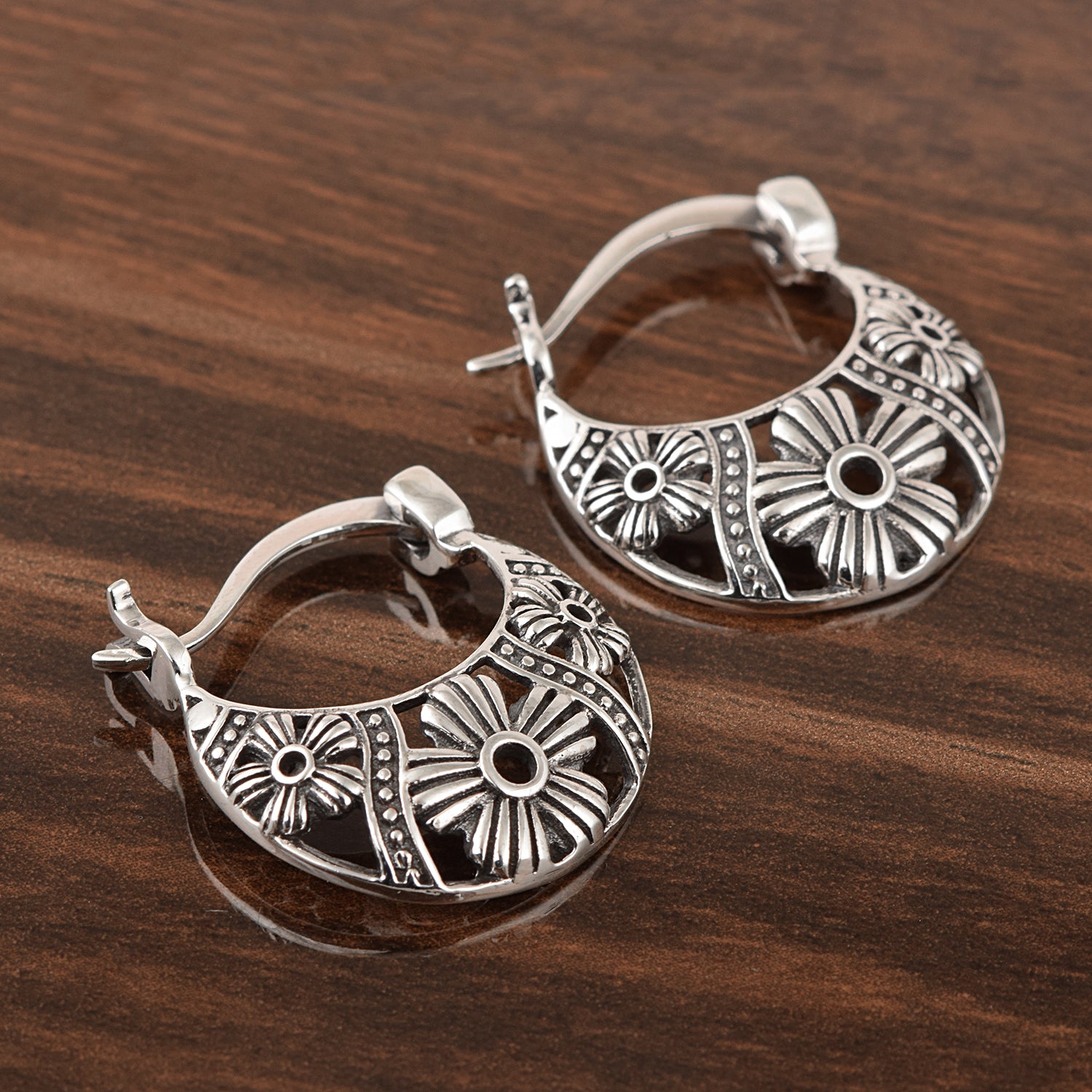 Floral Hoop Tribal Design Earrings - Sterling Silver
