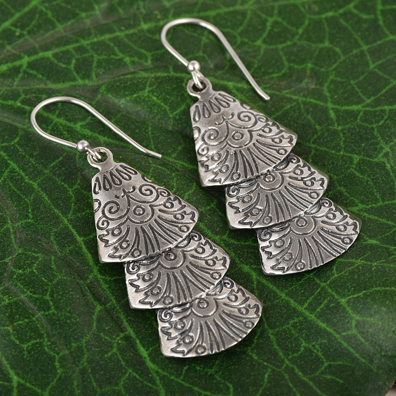 Layered Fan Dangle Earrings - Sterling Silver