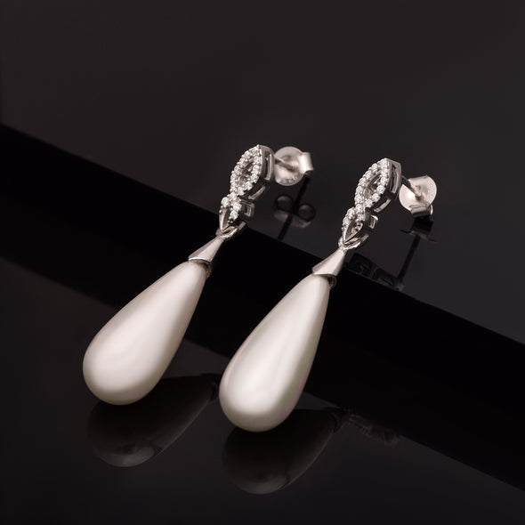 925 Sterling Silver Long Drop Pearl Earrings for Women – Teardrop Dangle with Cubic Zirconia Accents – Elegant Bridal Jewelry