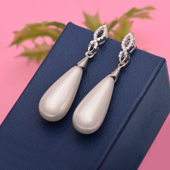 925 Sterling Silver Long Drop Pearl Earrings for Women – Teardrop Dangle with Cubic Zirconia Accents – Elegant Bridal Jewelry