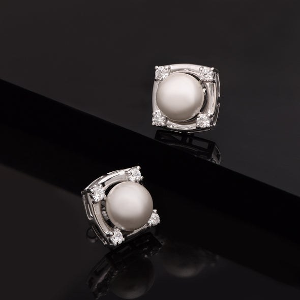 925 Sterling Silver 10MM Round Shape Pearl Gemstone 925 Sterling Silver Square Shape Solitaire Women Wedding Stud Earrings