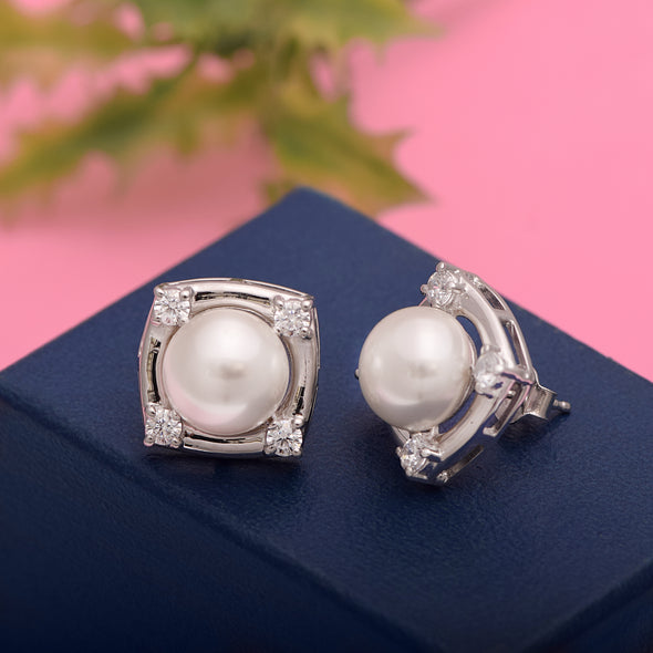 925 Sterling Silver 10MM Round Shape Pearl Gemstone 925 Sterling Silver Square Shape Solitaire Women Wedding Stud Earrings