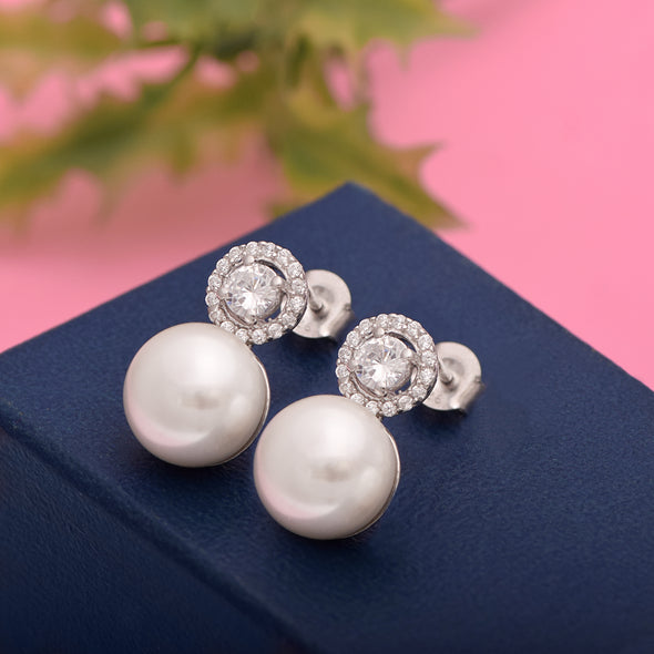 7.80 Ctw Round Shape Pearl Gemstone 925 Sterling Silver Halo Classic Women Wedding Stud Earrings
