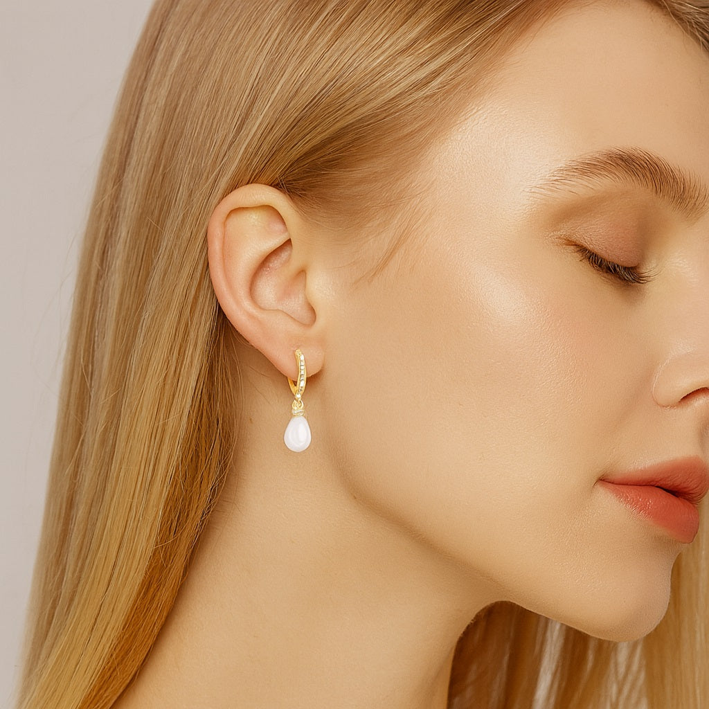 Pearl Drop Huggie Hoop Earrings - Sterling Silver Yellow Plated