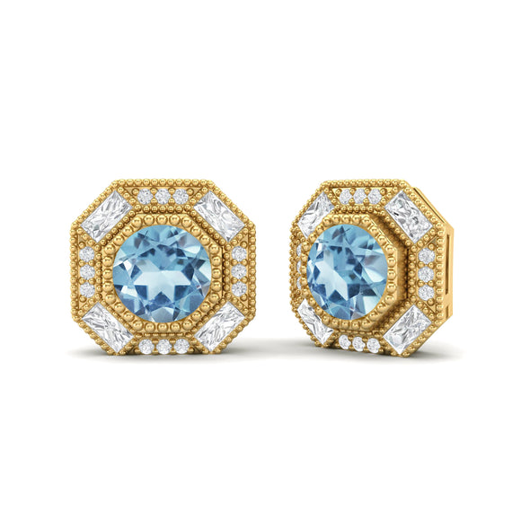 6mm Round Aquamarine 925 Sterling Silver Hexagon Women Stud Earrings