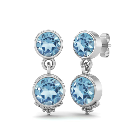 6MM Round Aquamarine 925 Sterling Silver Dual Stone Drop Dangle Women Earrings