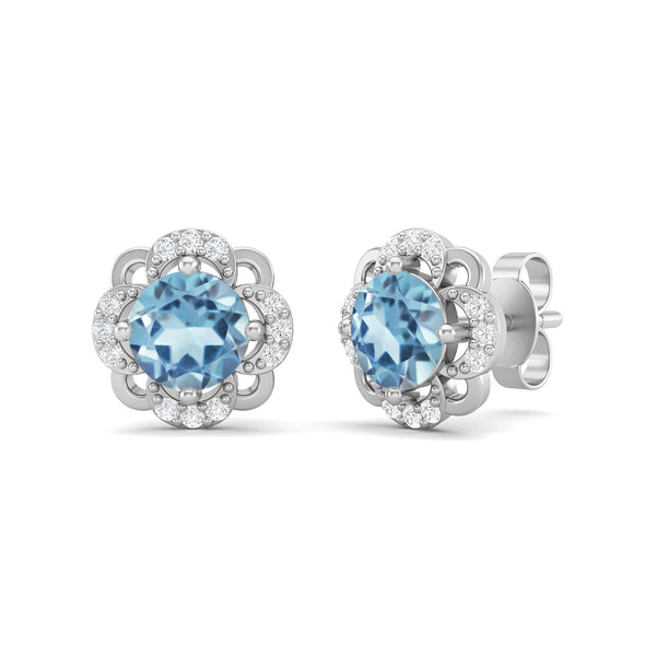 925 Sterling Silver 5mm Round Aquamarine Flower Halo Stud Earrings For Women