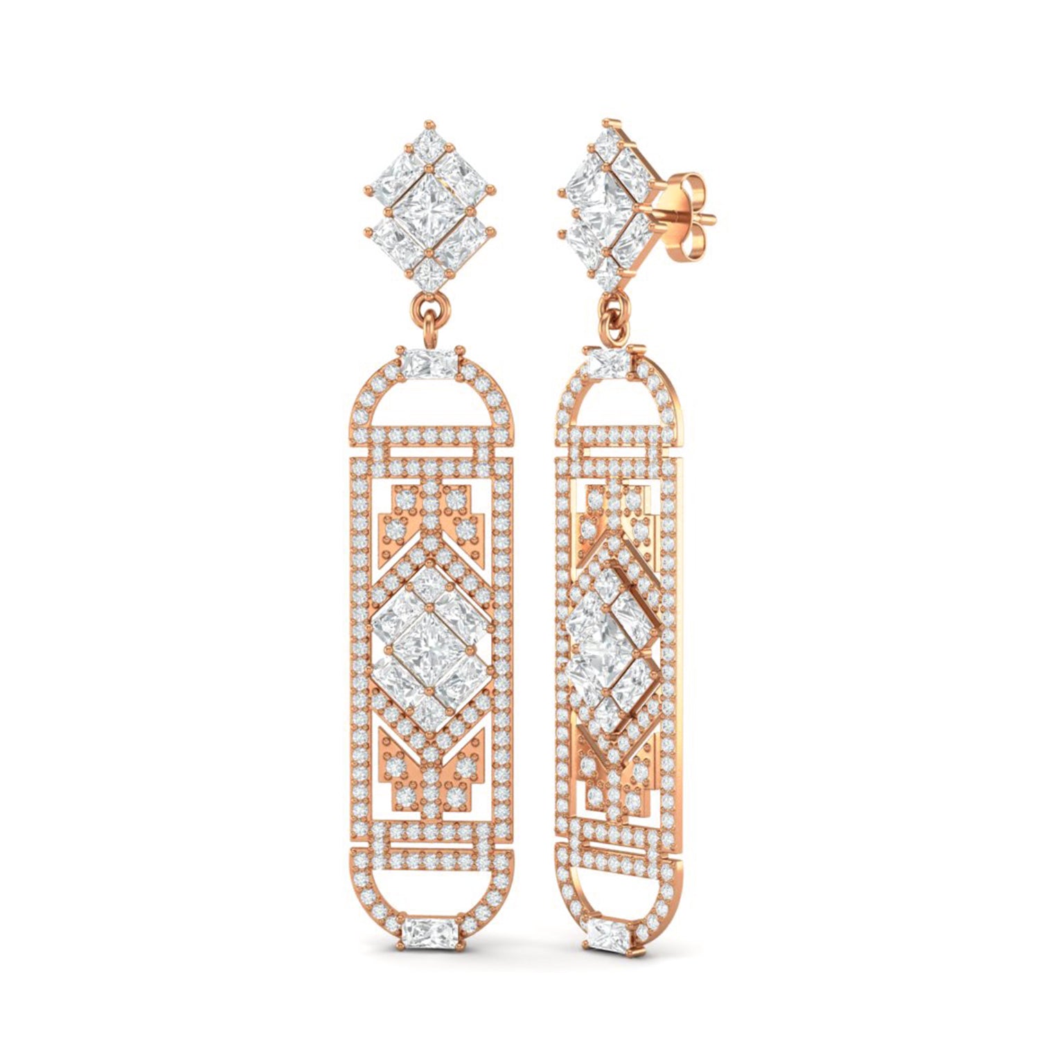 Moissanite Art Deco Geometric Drop Earrings – Sterling Silver
