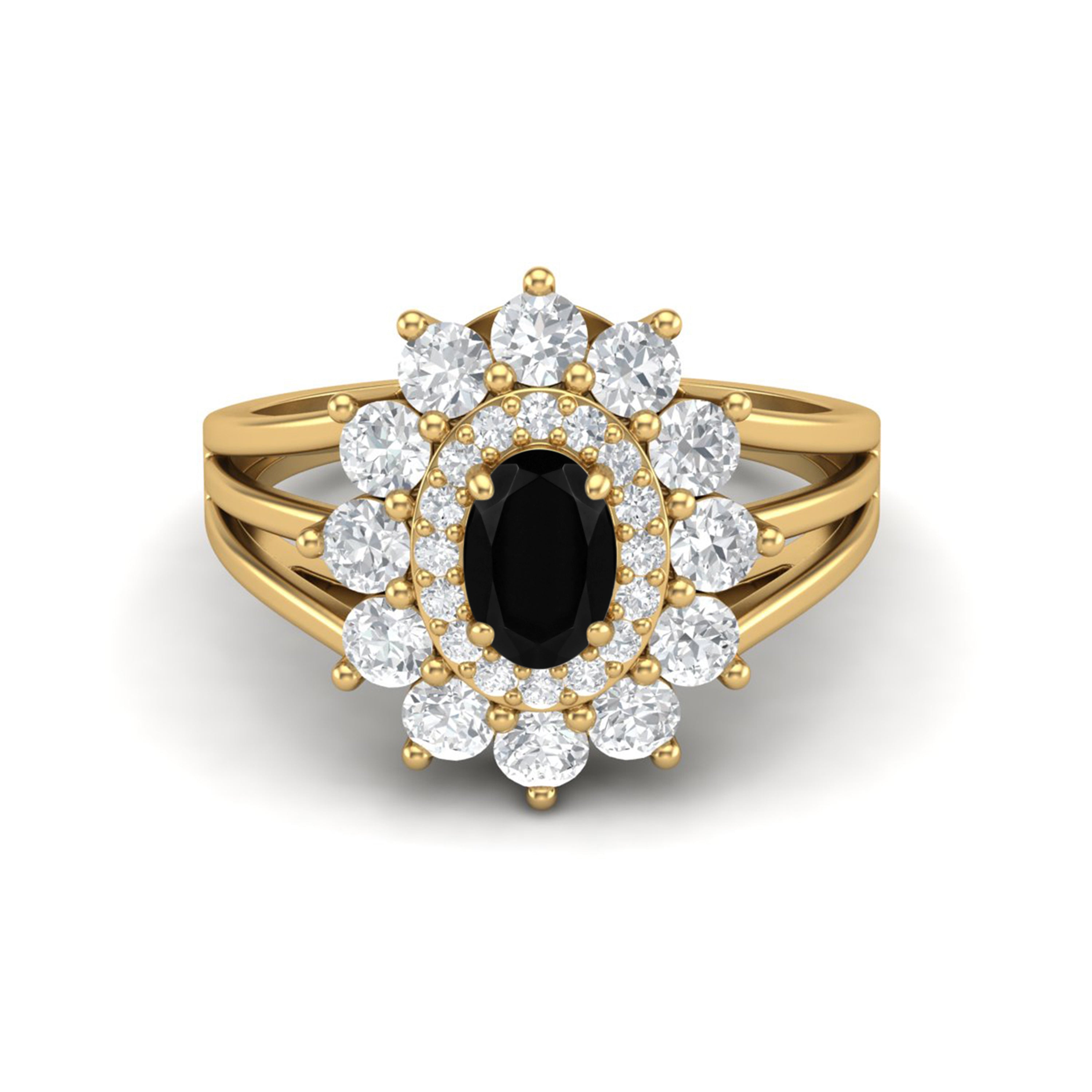 Oval Shaped Black Spinel Wedding Ring 925 Sterling Silver Solitaire Halo Ring