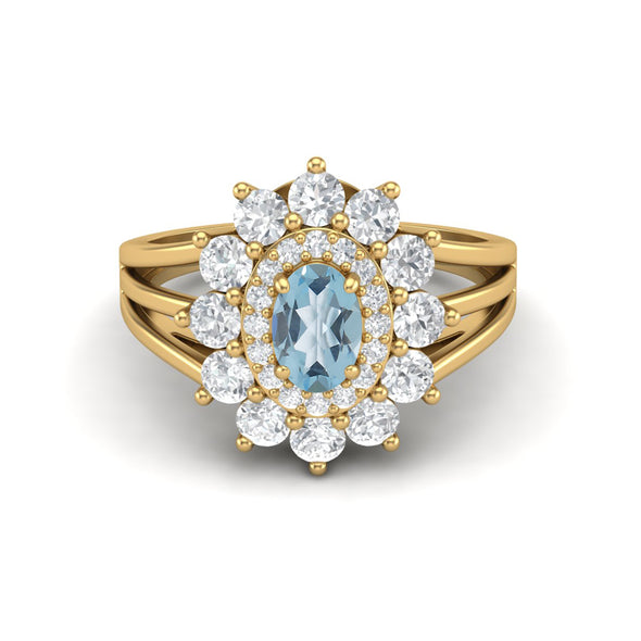 Art Deco Blue Topaz Halo Wedding Ring 925 Sterling Silver Shank Ring