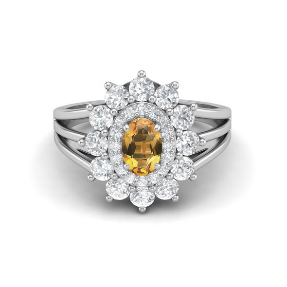 Natural Citrine Solitaire Bridal Ring 925 Silver Halo Wedding Ring