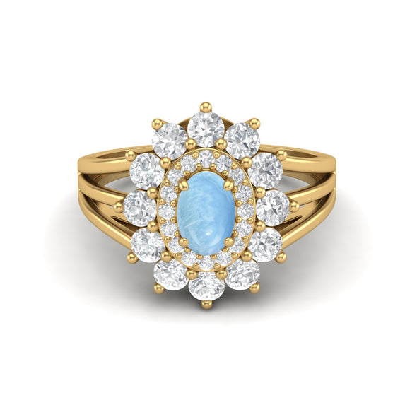 Natural Larimar Halo Engagement Ring Art Deco Solitaire Bridal Ring