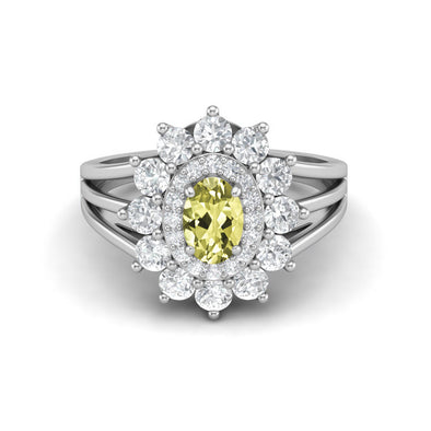 925 Sterling Silver Lemon Quartz Halo Wedding Ring Unique Solitaire Ring