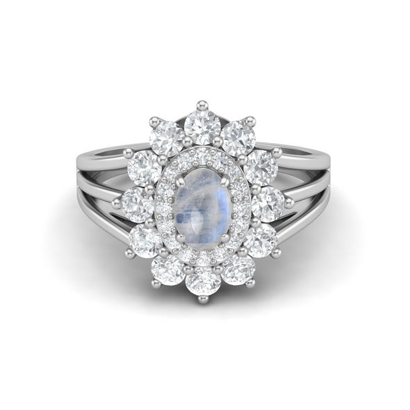 Rainbow Moonstone Halo Wedding Ring 925 Sterling Silver Solitaire Ring