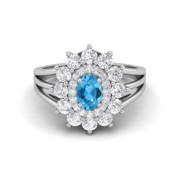 925 Sterling Silver Swiss Blue Topaz Halo Ring Oval Shaped Solitaire Ring