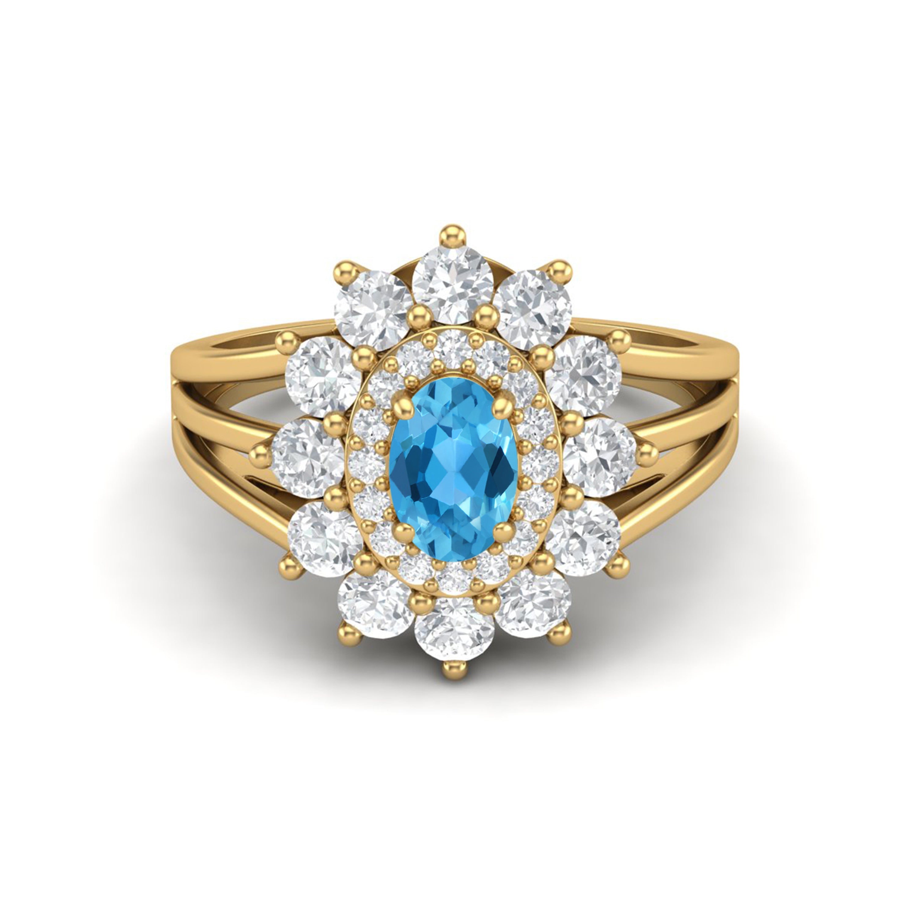 Swiss Blue Topaz Floral Halo Ring - Sterling Silver