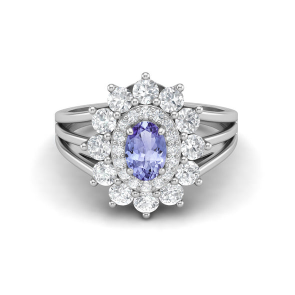 Oval Shaped Tanzanite Solitaire Halo Engagement Ring 925 Silver Ring