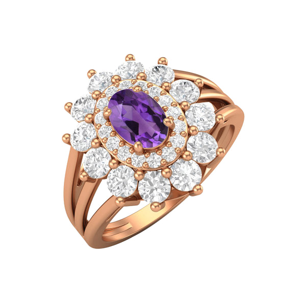 Natural Amethyst Oval Gemstone Ring 925 Sterling Silver Solitaire Ring