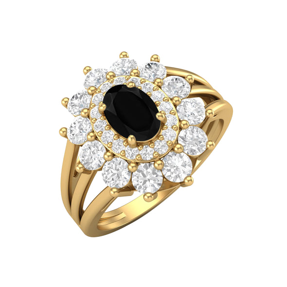 Oval Shaped Black Spinel Wedding Ring 925 Sterling Silver Solitaire Halo Ring