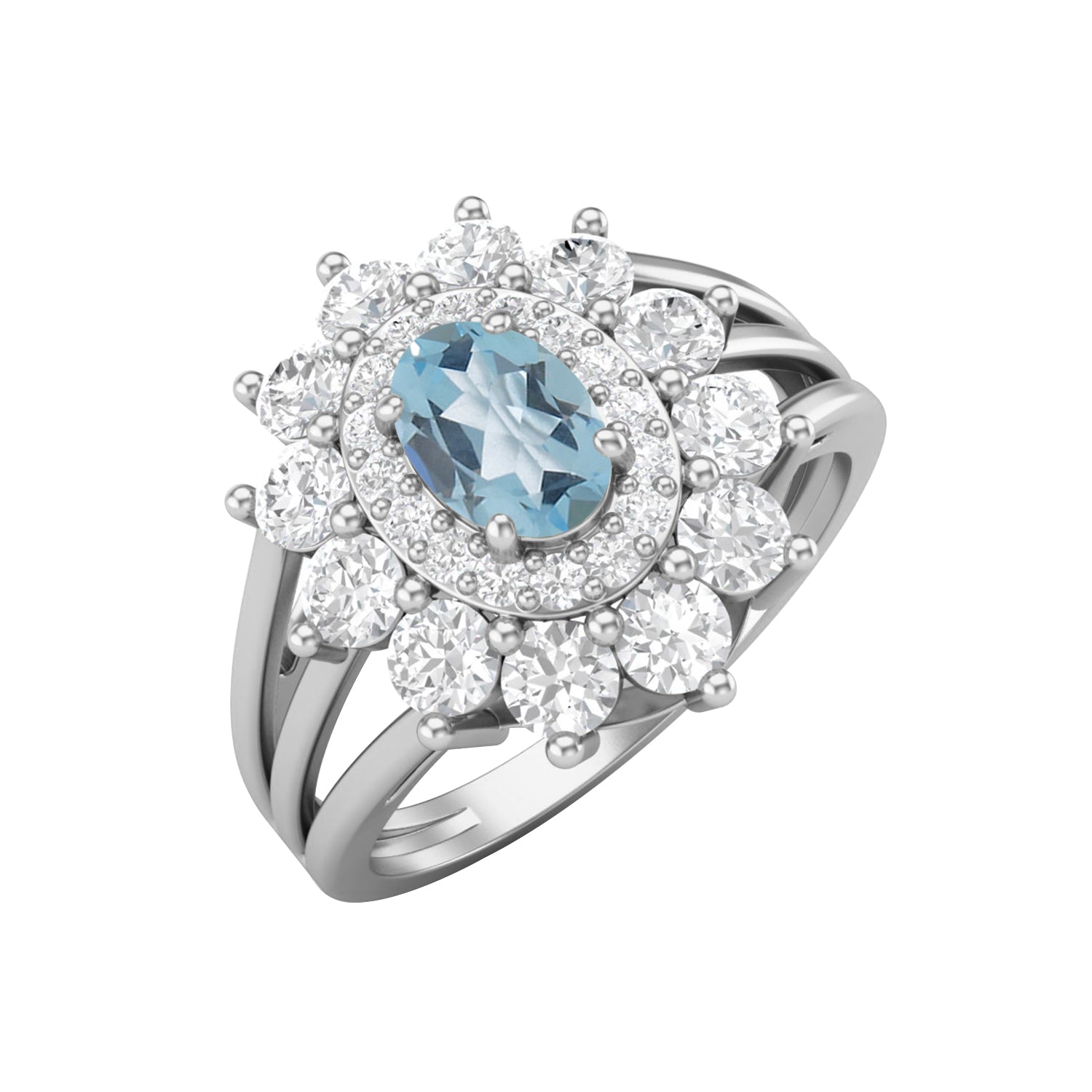 Blue Topaz Floral Halo Ring - Sterling Silver