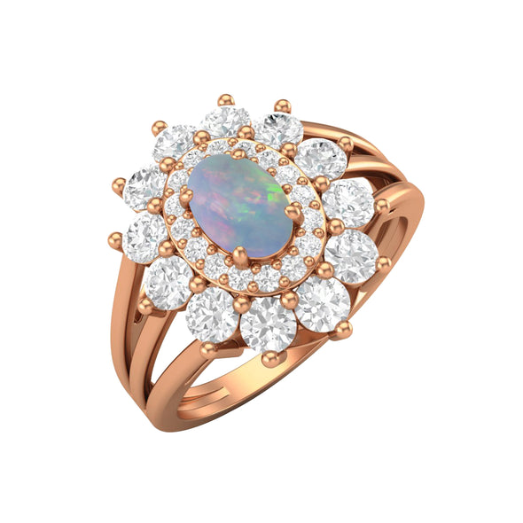 925 Sterling Silver Opal Halo Ring Vintage Solitaire Shank Wedding Ring